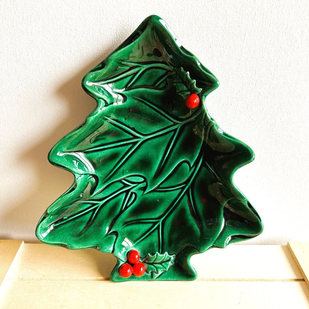 Holly Berry Christmas Tree Vintage Hand Painted Dish, Made in Japan